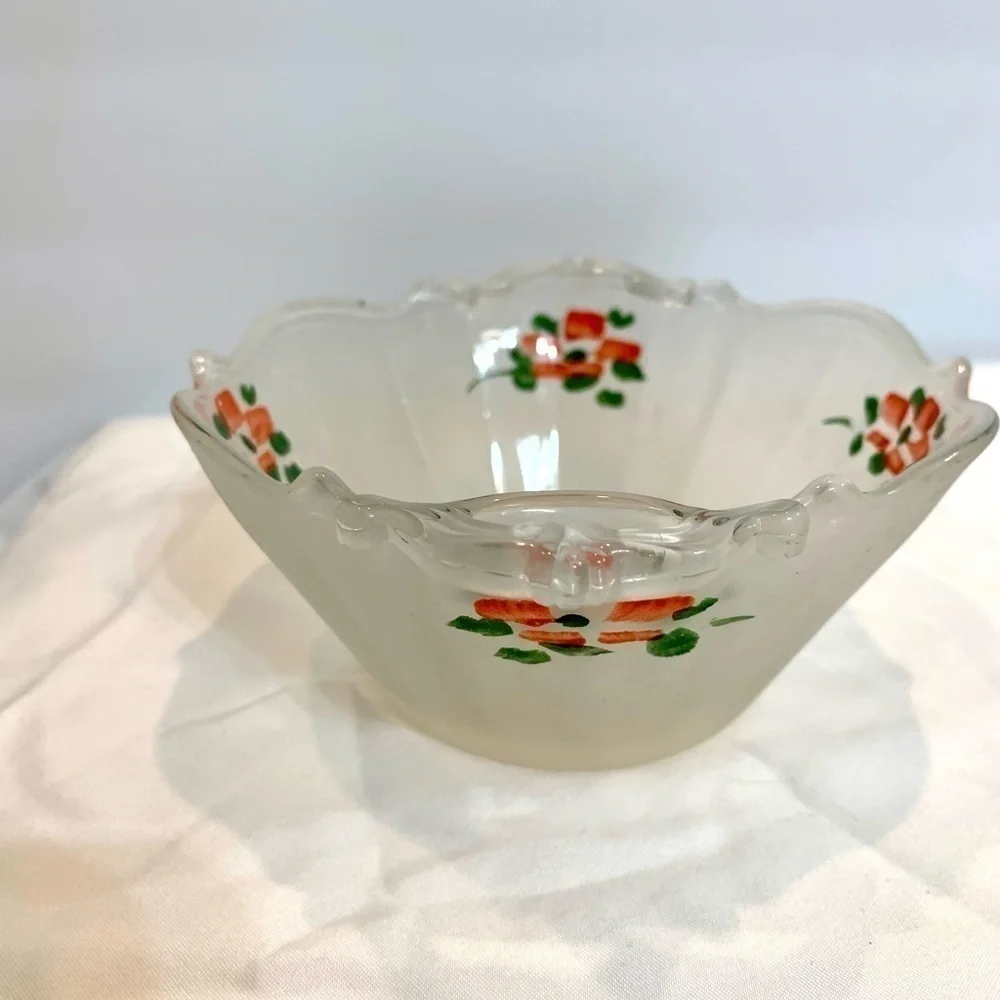VINTAGE LANCASTER GLASS BOWL FROSTED SATIN PAINTED PINK FLOWERS